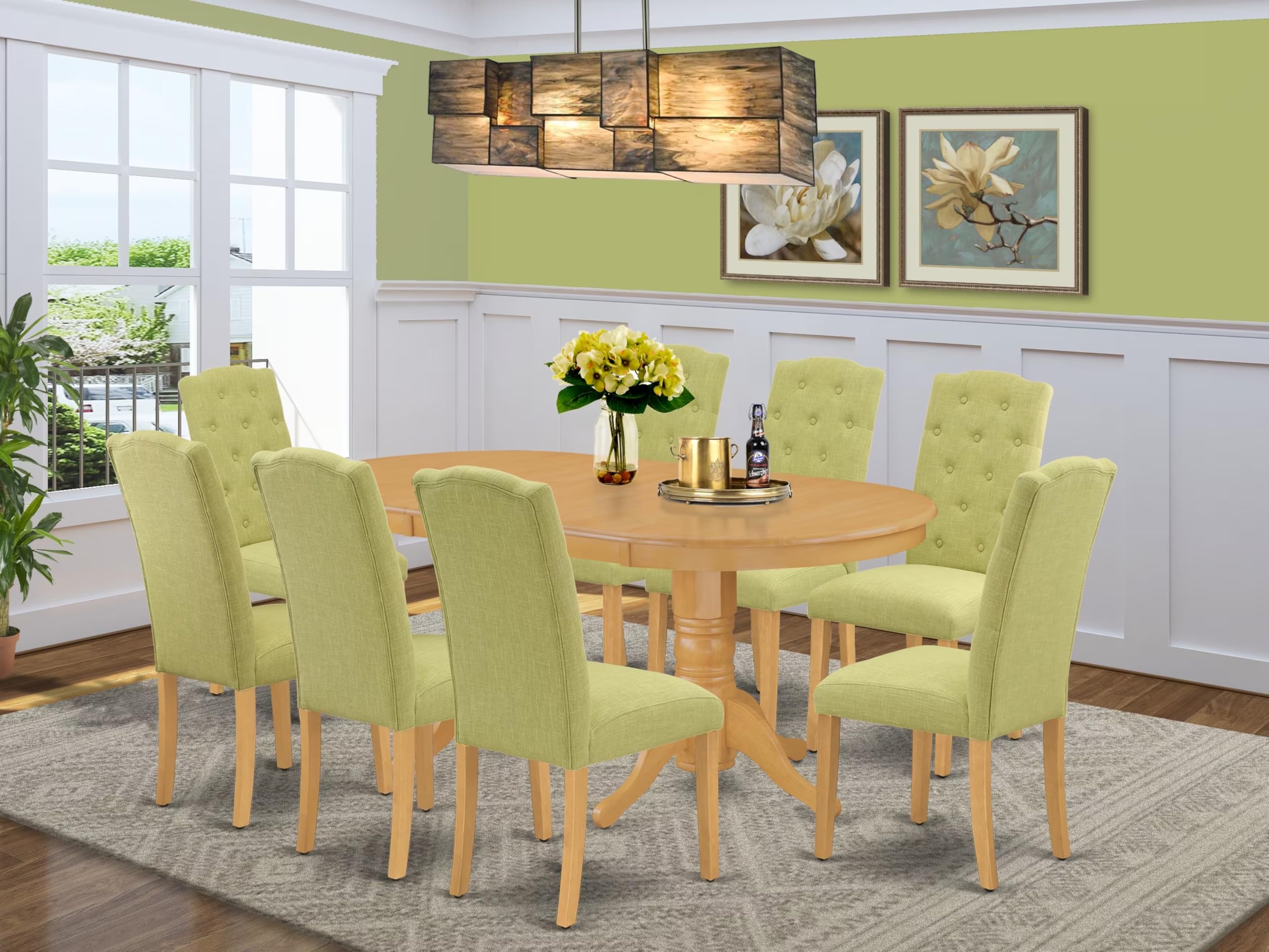 East West Furniture Vace9-Oak-07 9 Piece Dining Room Furniture Set Includes An Oval Wooden Table With Butterfly Leaf And 8 Limelight Linen Fabric Parson Chairs, 40X76 Inch, Oak